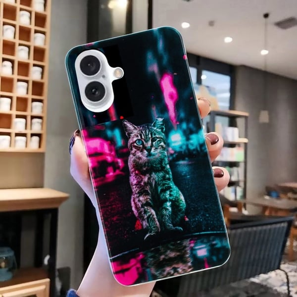 iPhone 16 Plus-etui Mykt, fleksibelt bakdeksel med mønsterutskrift - Trafikklys-Katt