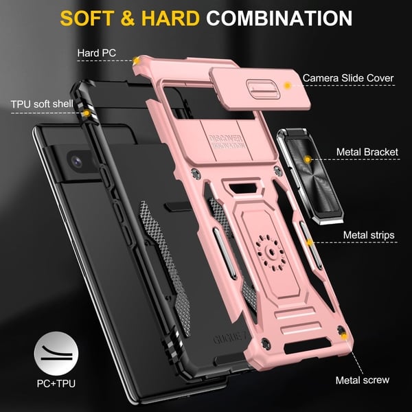 Armor Series Google Pixel 9 Fodral Stöttåligt och flexibelt Kickstand-telefonskal med skjutbart linsskydd - Roséguld