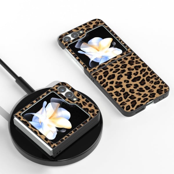 Samsung Galaxy Z Flip6 5G Mobildeksel i svart kant PU og støtsikkert leopardmønster - Champagne-Gull