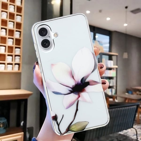 iPhone 16-etui med mønsterutskrift Fleksibelt, fleksibelt mobildeksel - Hvit Blomst