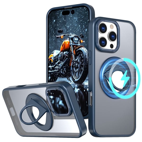 iPhone 16 Pro Max Kickstand-etui Fleksibelt og støtsikkert, gjennomsiktig bakdeksel som er kompatibelt med MagSafe - Marineblå