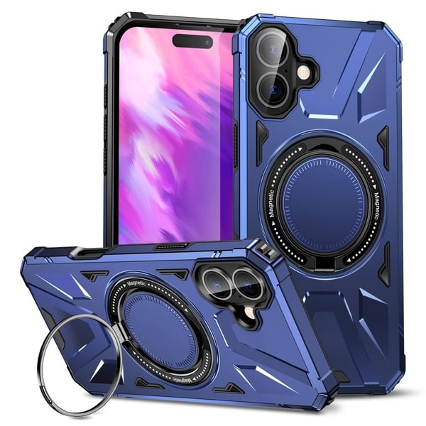 iPhone 16 magnetisk etui Fleksibelt og støtsikkert telefondeksel med roterende ringstøtte - Marineblå
