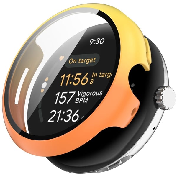 Google Pixel Watch 3 45 mm klokkeveske med hardt støtsikkert deksel med skjermfilm i herdet glass - Gul + Oransje