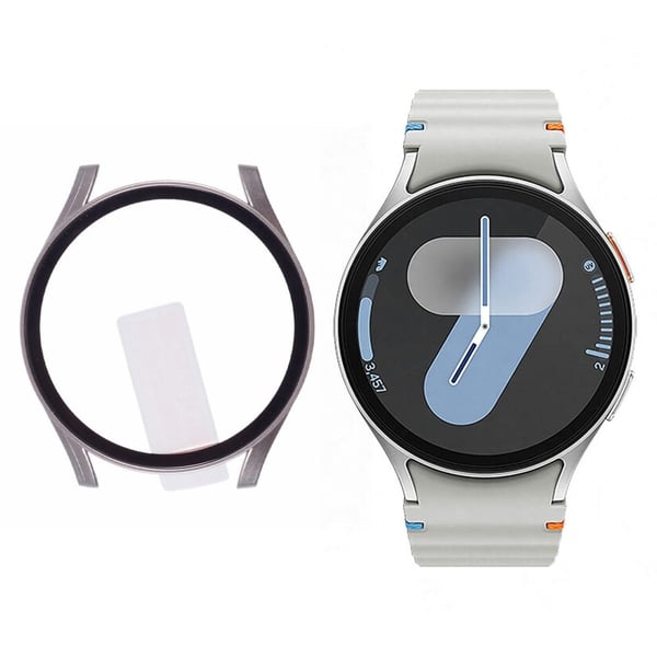 Samsung Galaxy Watch7 44mm Watch Case Kova kolhun kestävä kansi, jossa on karkaistu lasinen suojakalvo - Titaaninharmaa