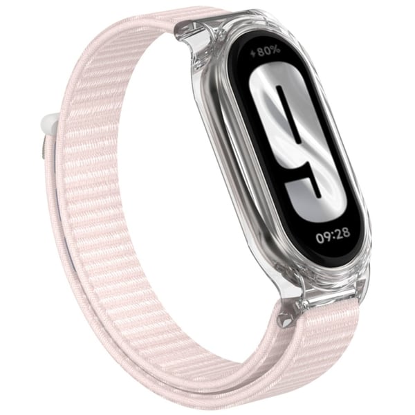 Xiaomi Mi Band 9 / Smart Band 8 Klockarmband Nylon Loop Handledsrem med Stöttålig Watch Case - Pärla Rosa
