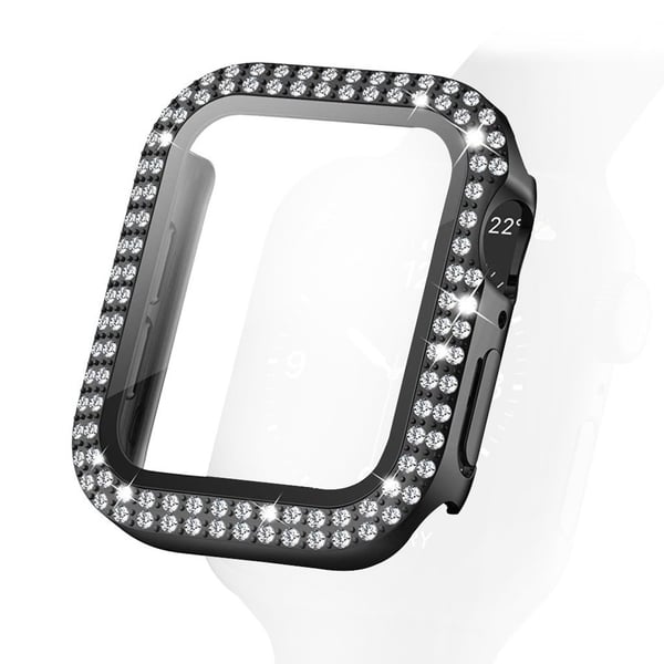 Apple Watch 40 mm deksel med rhinestone-dekor + herdet glass - Svart Apple Watch 40 mm deksel med rhinestone-dekor + herdet glass - Svart
