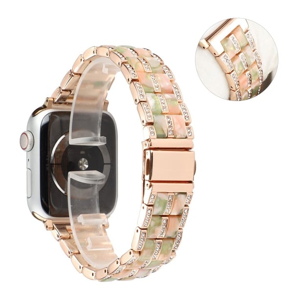 Apple Watch 42 mm - 44 mm klokkerem i rustfritt stål med rhinestone-dekor - Rose Gull / Rosa Grønn