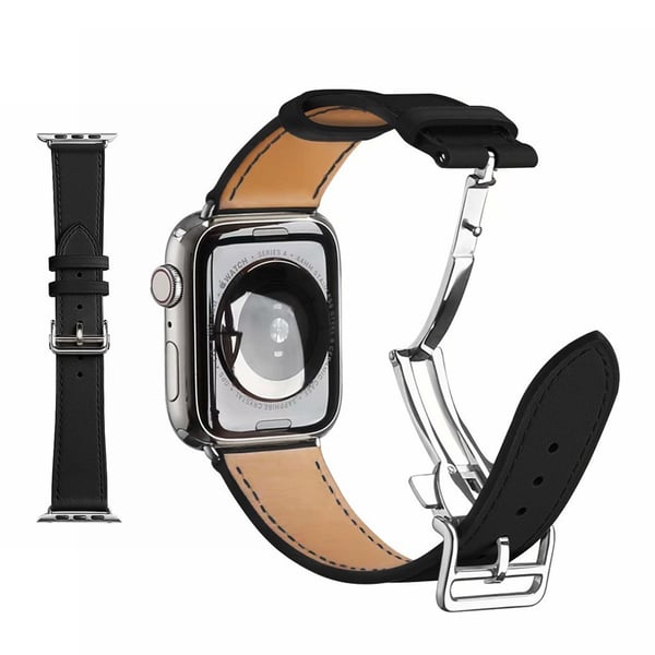 Urarmbånd i ekte lær med sølvspenne til Apple Watch Series 6 / 5 44mm - Svart