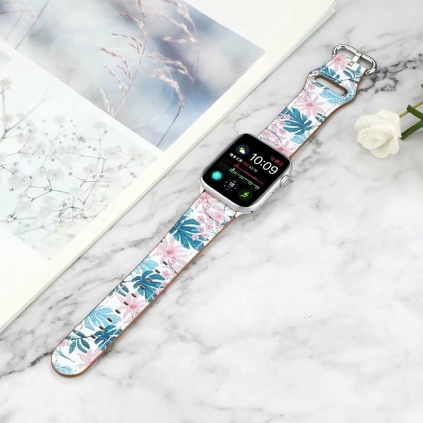 Apple Watch Series 6 / 5 40mm mønster ægte læder rem - Leaf / blomster