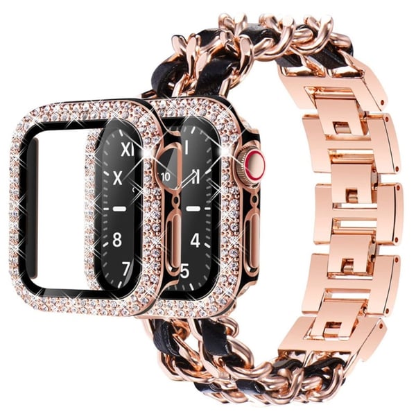 Apple Watch Series 3/2/1 38 mm elegant deksel i rustfritt stål med rhinestone - Rose Gull / Svart Skinn