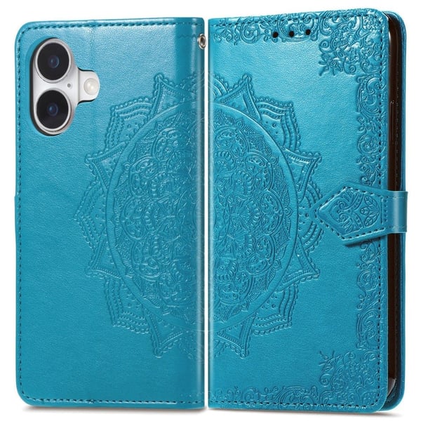 Mandala iPhone 16 Plus læderetui - Blå Mandala iPhone 16 Plus læderetui - Blå