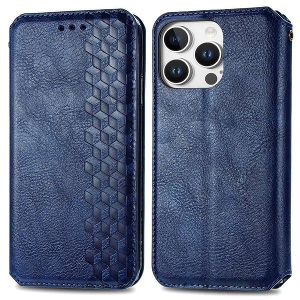 Skinn-etui med stilfult rombeavtrykk for iPhone 16 Pro Max - Blå