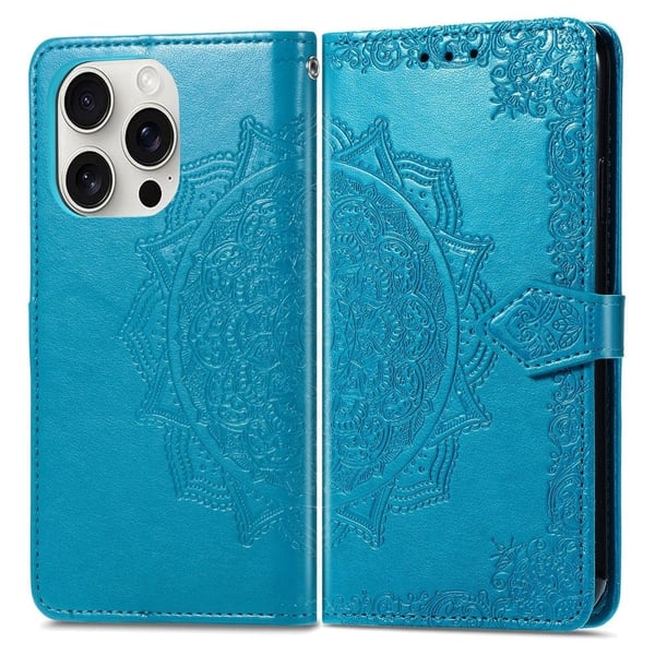 Mandala iPhone 16 Pro Max etui i lær - Blå