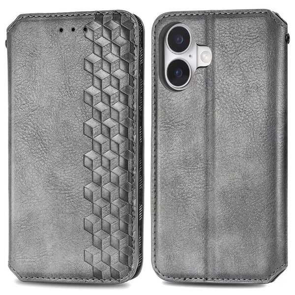 Skinn-etui med stilfult rombeavtrykk for iPhone 16 - Grå