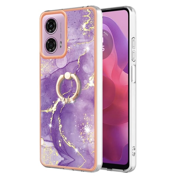 Marmormønstret deksel med ringholder for Motorola Moto E14 - Lila 002