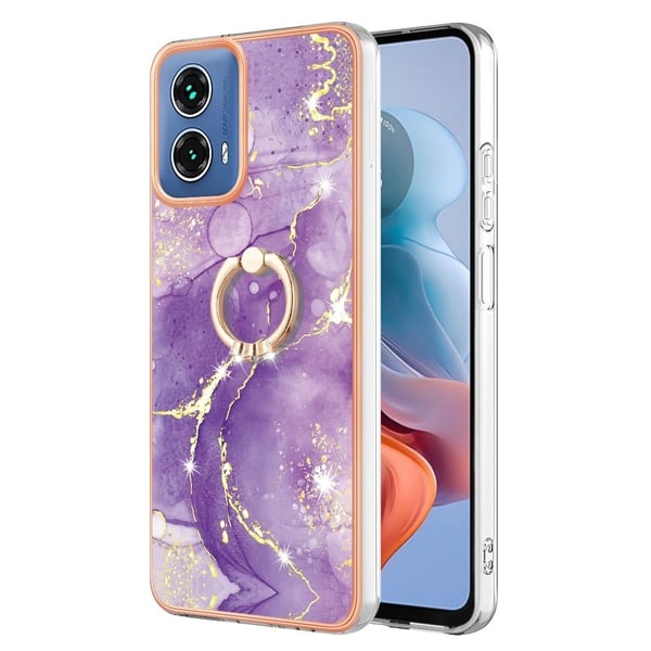 Marmormønstret deksel med ringholder for Motorola Moto G34 - Lila 002