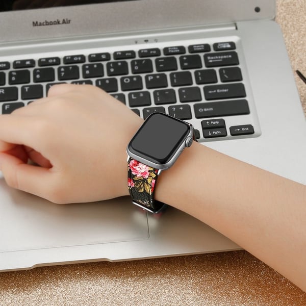 Apple Watch (41mm) Top Layer Okseskinn Ekte Lær Klokkereimer - Svart / Pink Flower