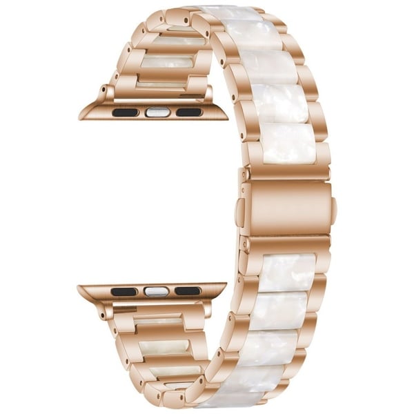 Apple Watch 44 mm elegant klokkerem med tre perler + rustfritt stål - Rose Gull / Hvit