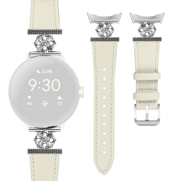 Google Pixel Watch Ekte kuskinnbånd med blomsterdekor justerbar stropp - Aprikos