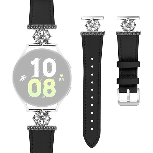Samsung Galaxy Watch 42 mm klokkerem Ekte kuskinn med blomsterdekor, justerbar rem - Svart