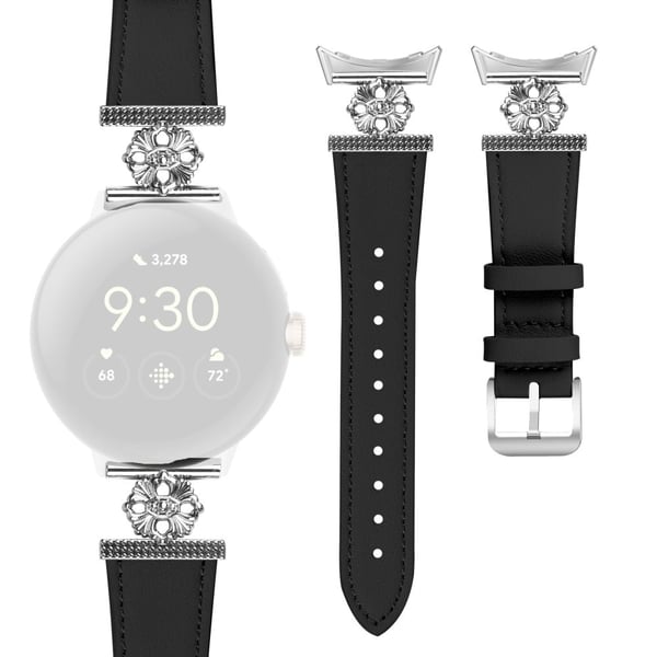 Google Pixel Watch Ægte okselæderbånd Blomsterdekor Justerbar rem - Sort