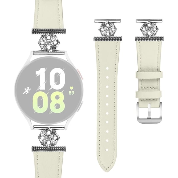 Samsung Galaxy Watch4 Classic 42mm / 46mm klokkerem Ekte kuskinn med blomsterdekor og justerbar rem - Hvit