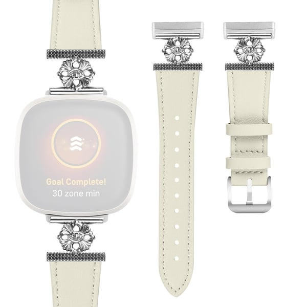 Fitbit Versa 4 / Sense 2 klokkerem Ekte kuskinn med blomsterdekor og justerbar rem - Hvit