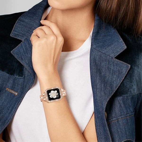 Apple Watch 40 mm urrem i rustfritt stål med rhinestone-dekor og deksel - Rose Gull