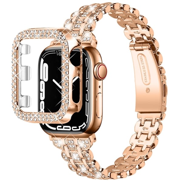 Apple Watch 40 mm urrem i rustfritt stål med rhinestone-dekor og deksel - Rose Gull