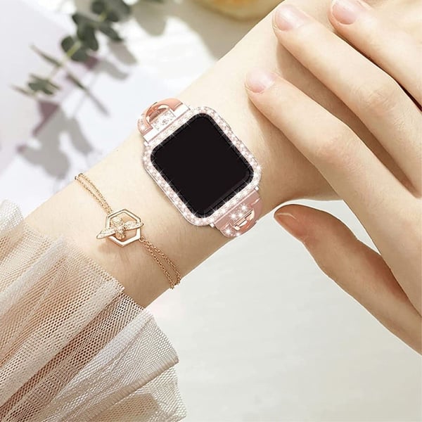 Apple Watch (45 mm) X-formet urrem med rhinestone-dekor + deksel - Rose Gull