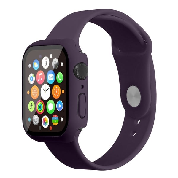 Apple Watch (45 mm) klokkerem i silikon + deksel med herdet glass - Mørkelilla / Størrelse: S / M Apple Watch (45 mm) klokkerem i silikon + deksel med herdet glass - Mørkelilla / Størrelse: S / M
