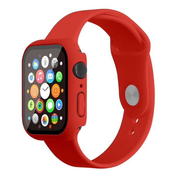 Apple Watch (45 mm) klokkerem i silikon + deksel med herdet glass - Rød / Størrelse: M / L