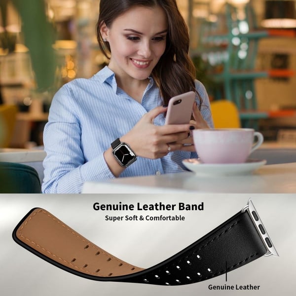 Apple Watch (45 mm) klokkerem i ekte skinn - Svart / Sølvspenne