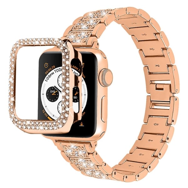 Apple Watch (45 mm) klokkerem med 3 perler og rhinestone-dekor med deksel - Rose Gull