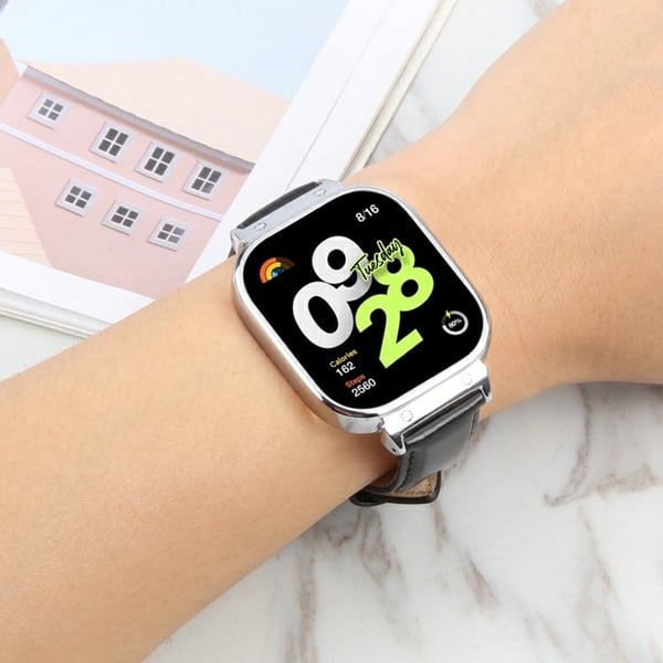 Xiaomi Redmi Watch 4 Erstatningsrem i ekte kuskinn med sølvfarget metallklokkeveske - Vinrød