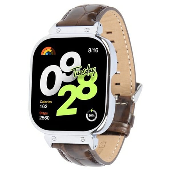 Xiaomi Redmi Watch 4 Erstatningsrem i ekte kuskinn med sølvfarget metallklokkeveske - Bambusfuge Brun