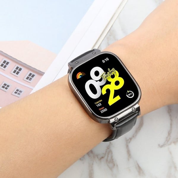 Xiaomi Redmi Watch 4 Erstatningsrem i ekte kuskinn med svart metallklokkeveske - Lysebrun