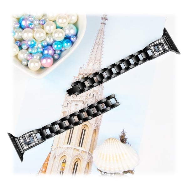 Rem Apple Watch Series 49mm - 45mm - 44mm - 42mm G-Shape Rhinestone Band - Svart