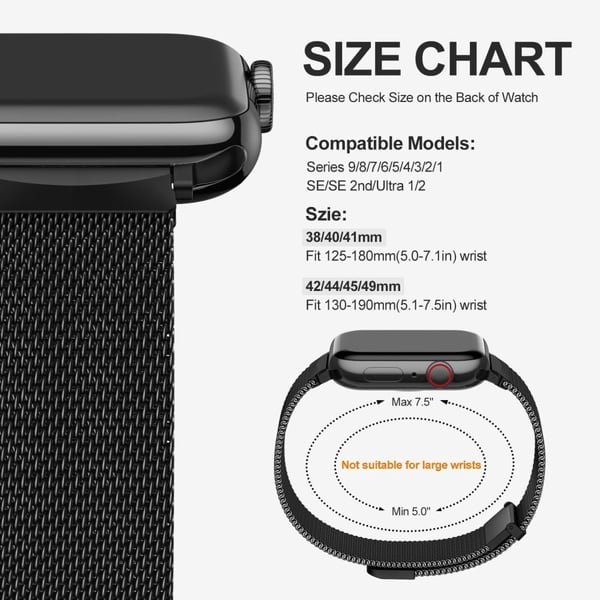 Milanese Mesh Magnetic Watch Band Apple Watch Series 41mm - 40mm - 38mm - Svart