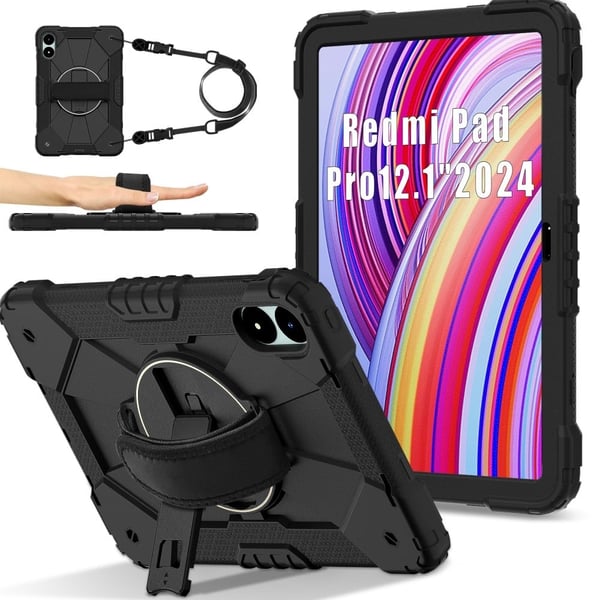 Xiaomi Redmi Pad Pro 5G / Pad Pro / Poco Pad 4G Etui Kickstand Silikon + støtbestandig nettbrettdeksel med skulderrem - Svart / Svart