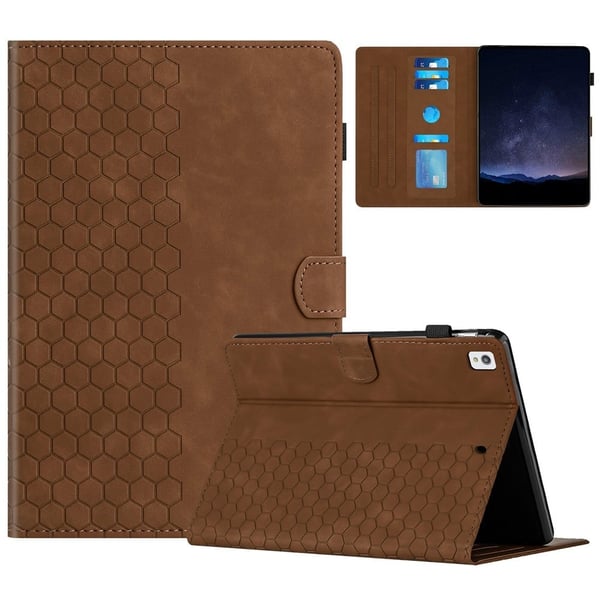 iPad 10.2 (2021) / (2020) / (2019) Etui Honeycomb-trykt lærdeksel til nettbrett med kortspor - Brun