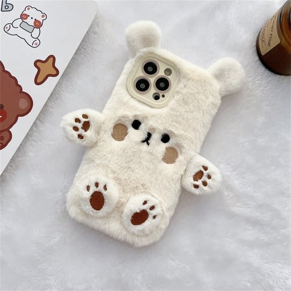 iPhone 15 Pro Max-etui Cartoon 3D Bear Furry Plush Fleksibel vinter varm telefondeksel