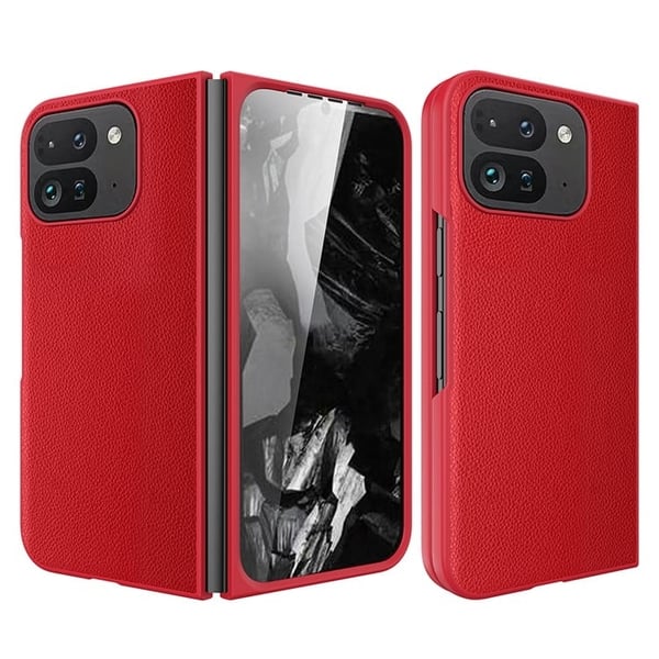 Google Pixel Fold 2-etui Litchi Texture Leather + støtbestandig telefondeksel med herdet glassfilm - Rød