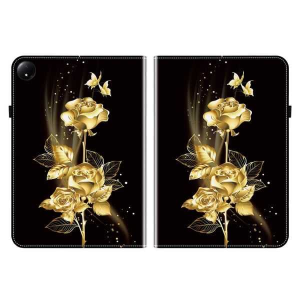 Xiaomi Redmi Pad SE 4G 8,7 tommers lærveske med mønstermønster, trykt stativ, nettbrettdeksel med kortspor - Gull Sommerfugl Rose