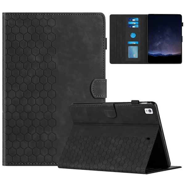 iPad 10.2 (2021) / (2020) / (2019) Etui Honeycomb-trykt lærdeksel til nettbrett med kortspor - Svart iPad 10.2 (2021) / (2020) / (2019) Etui Honeycomb-trykt lærdeksel til nettbrett med kortspor - Svart