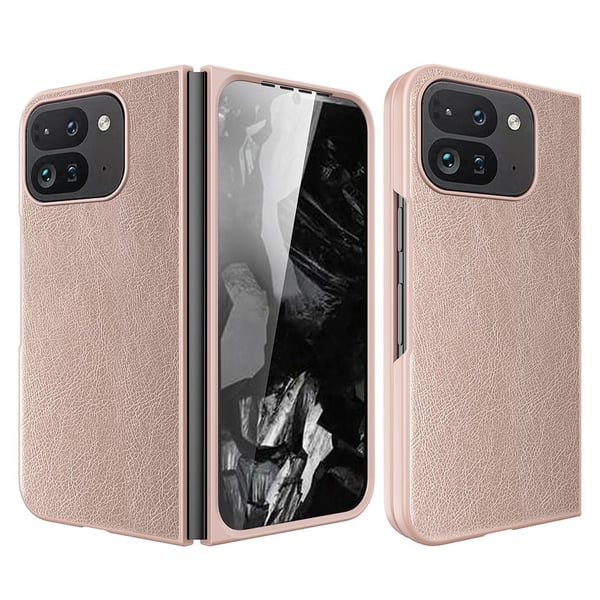 Google Pixel Fold 2-etui Litchi Texture Leather + støtbestandig telefondeksel med herdet glassfilm - Rose Gull