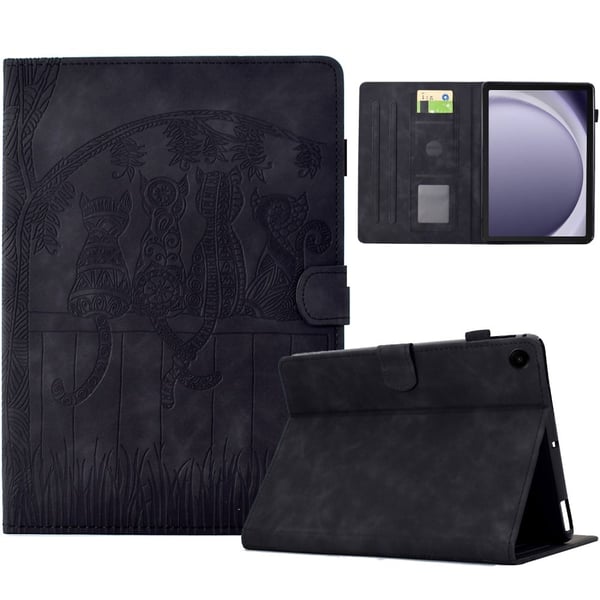Samsung Galaxy Tab A9+ Case Cats Painettu Vegaaninahka korttipaikat Tablet Cover - Musta