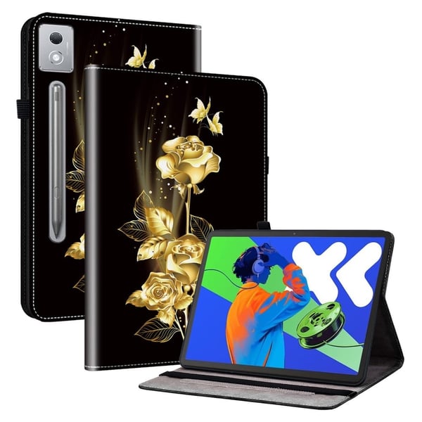 Lenovo Tab P12 Pro 12.7 2025 / Xiaoxin Pad Pro 12.7 (2025) lærveske med mønster og trykt stativdeksel for nettbrett med kortspor - Gull Sommerfugl Ros