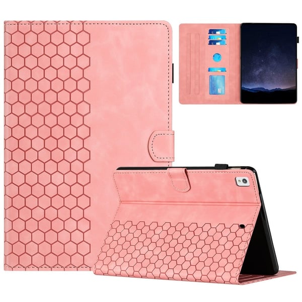 iPad 10.2 (2021) / (2020) / (2019) Etui Honeycomb-trykt lærdeksel til nettbrett med kortspor - Rosa