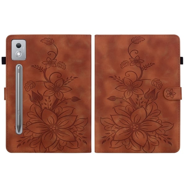 Lenovo Tab P12 Pro 12.7 2025 / Xiaoxin Pad Pro 12.7 (2025) Etui Lily Flower Imprint Card Slots Læder Tablet Cover - Brun